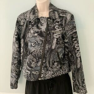 Harley Davidson motorcycle jacket fitted stylish black gray print zipper S